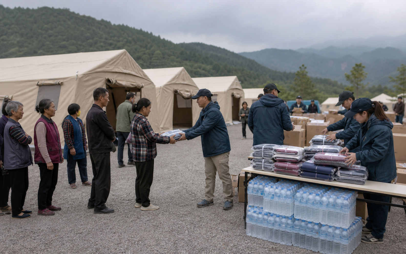 公益场景示意图：驰援四川雅安芦山地震灾区：把生活保障物资送往群众临时安置点