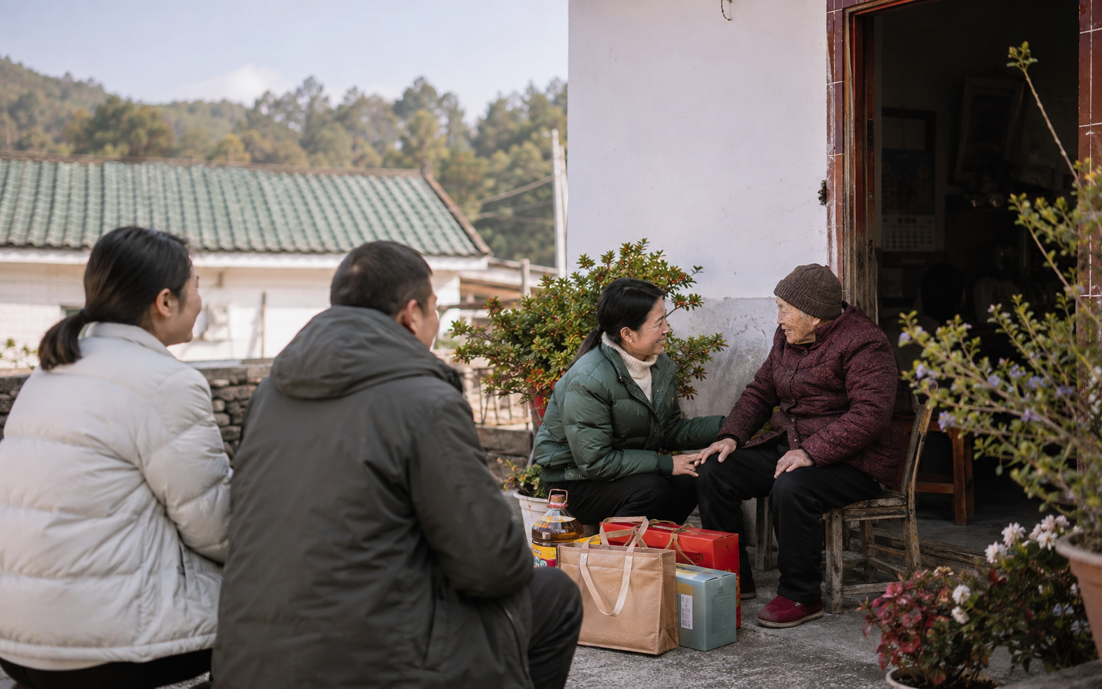 公益场景示意图：广东河源和平县冬日送暖：走访困难家庭与独居长者的社区关爱行动