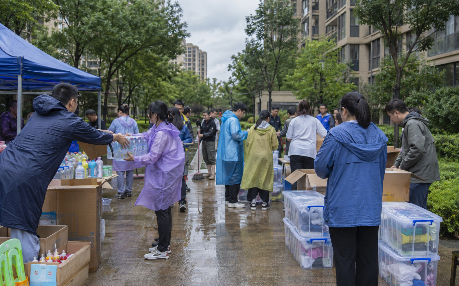 公益场景示意图：风雨中的河南郑州：联动爱心力量参与暴雨灾后物资保障与社区支持