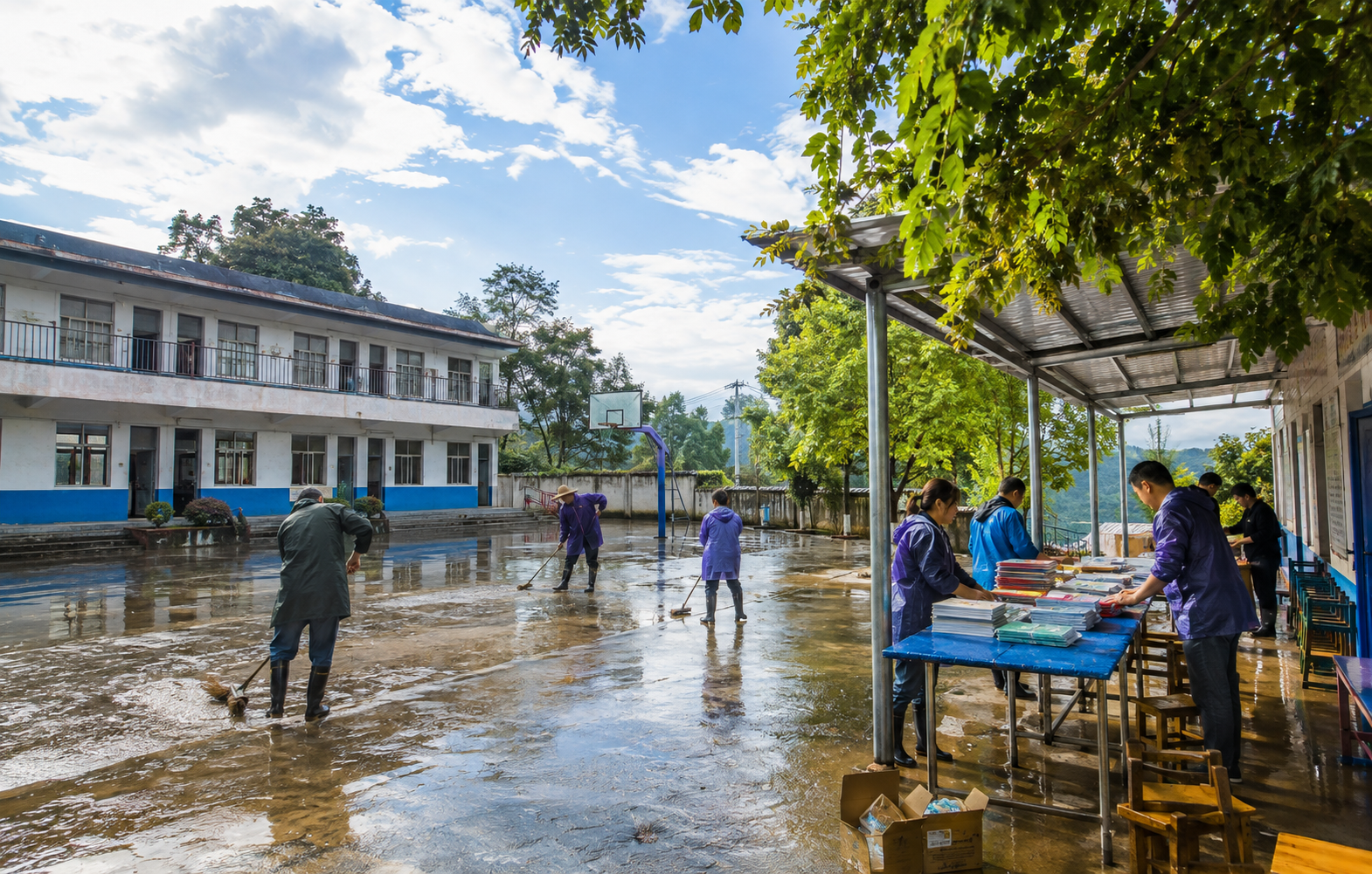 公益场景示意图：广东韶关和清远强降雨灾后行动：协力支持乡村清淤与复学准备工作